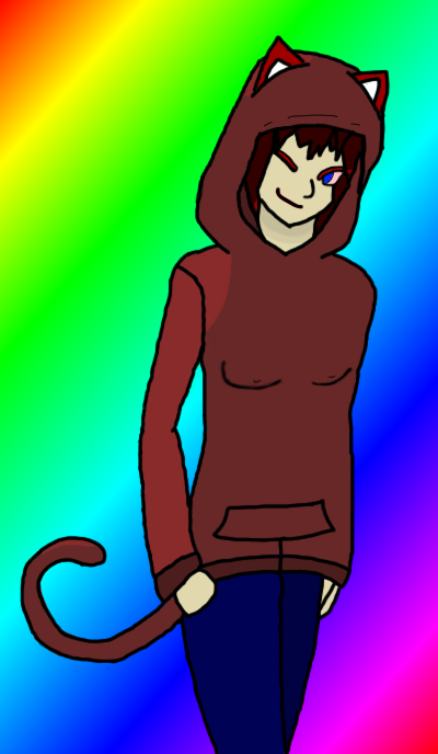 A variation on the last drawing, her ears are red, shirt is a lighter brown, and eyes are now blue, the zipper is removed from her hoodie