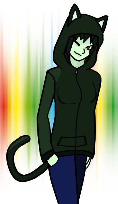 A neko girl wearing a dark green hoodie and blue jeans, her hair is a dark brown that almost matches her hoodie, and her cat ears match her hair, there's a highlight on the tip of her tail that almost looks like a color splotch