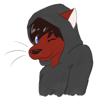 A flat-color doodle of CJ, seen in a wrinkled grey hoodie with messy hair, winking at the viewer